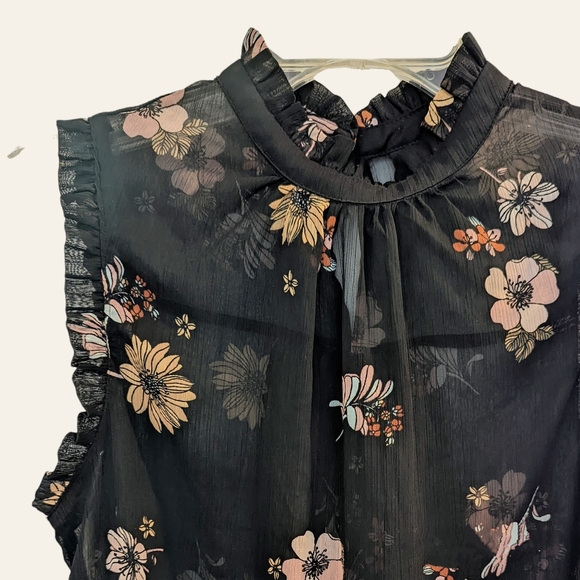 Who What Wear Tops - WHO WHAT WEAR Black Floral Asian Print Chiffon Sleeveless High Neck Collar Top